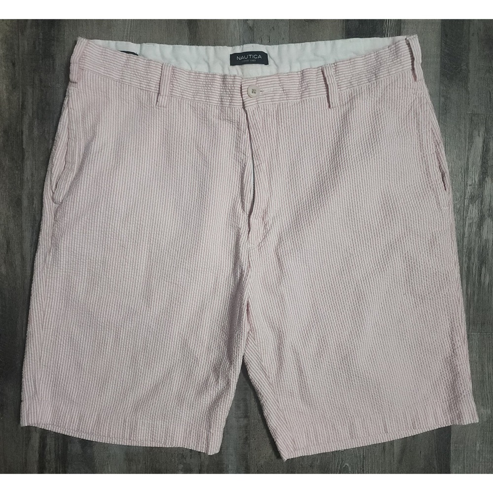 Nautica Seersucker Shorts Mens 36W Pink White Striped A Bit Trimmer Light Cotton